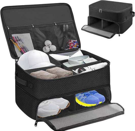 Golf Trunk Organizer, 2 Layer Golf Storage Bag, Waterproof Car Golfer Organizers with Ventilation Compartment for 2 Pairs Shoes, Balls, Clothes, Tees, Gloves, Accessories, Gifts for Men Women