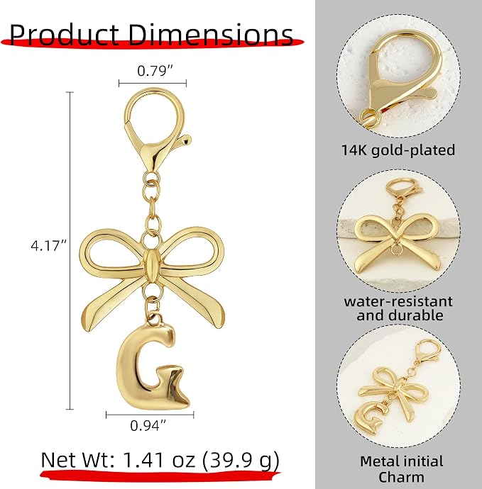 Gold Bubble Heart, Bow & More Designs Letter Initial Keychain Bag Charms – Cute - Image 5