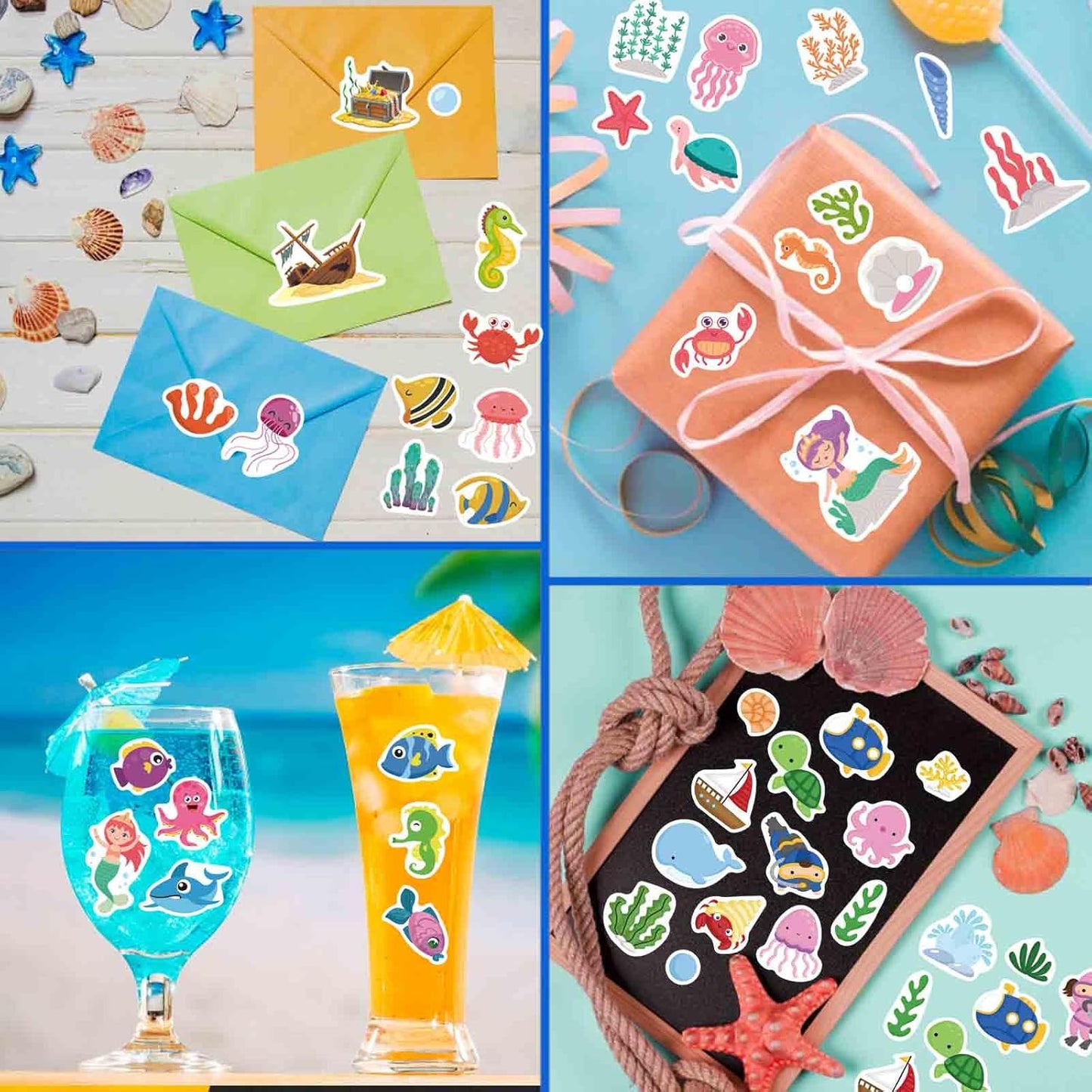 24 Sheets Ocean Stickers for Kids, Sea Animal Adhesive Waterproof Stickers, Mermaid Tropical Fish Shark Sticker, Under The Sea Animal Beach Sticker for Ocean Party Favors
