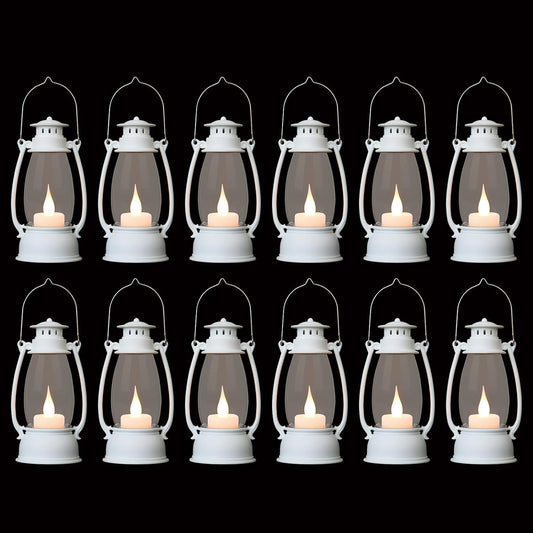 12Pcs Mini White Lanterns for Western Halloween Christmas – 6Inch Candle Lanterns with Flickering LED, Wedding Centerpiece Table Decorations, Camping Decor & Hanging Ornaments for Rustic Party