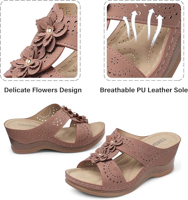 TEMOFON Womens Wedge Sandals Leather: Dressy Sandal, Rubber Sole, Comfortable - Image 4