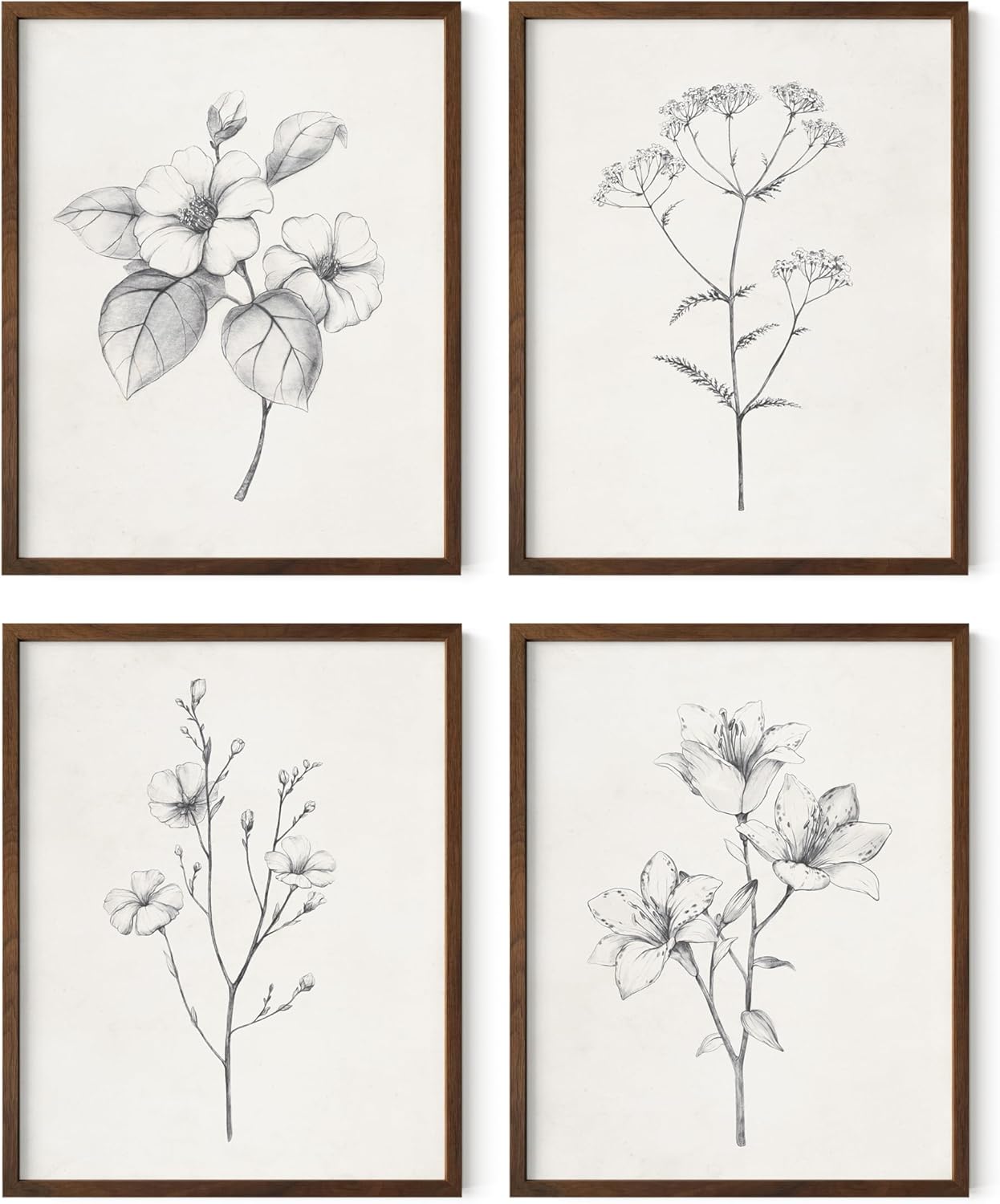 Haus and Hues Grey Floral Wall Art - Set of 4 Plant Posters for Wall Vintage, Botanical Prints, Black and White Flower Pictures for Room Aesthetic, Farmhouse Bathroom, Rustic Art (Walnut Frame, 11x14)