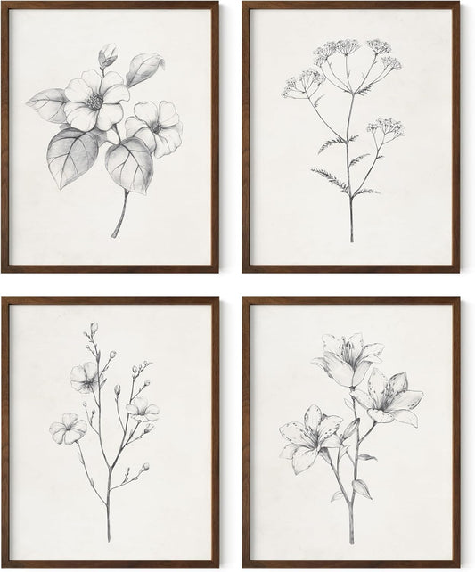 Haus and Hues Grey Floral Wall Art - Set of 4 Plant Posters for Wall Vintage, Botanical Prints, Black and White Flower Pictures for Room Aesthetic, Farmhouse Bathroom, Rustic Art (Walnut Frame, 11x14)