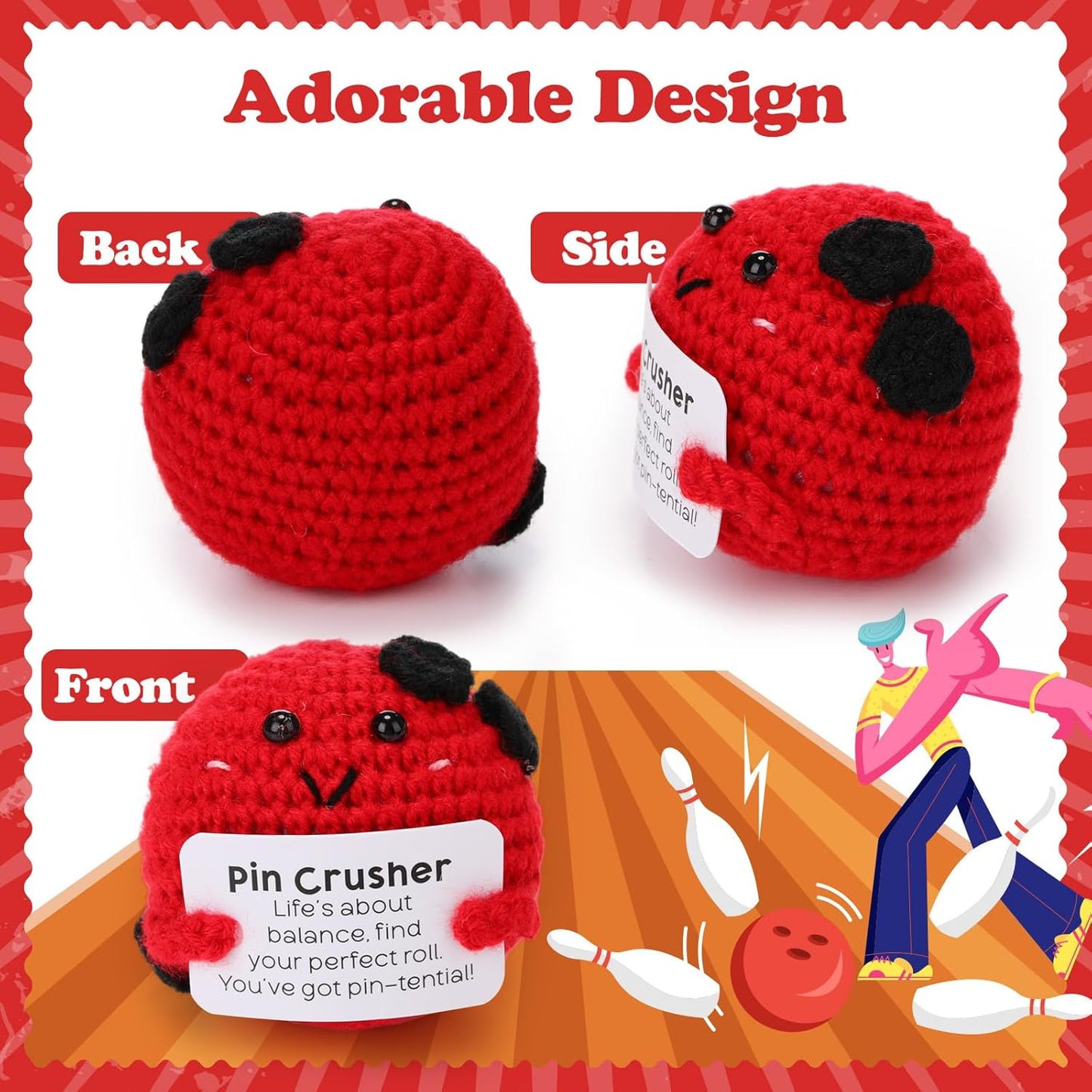 12pcs Funny Bowling Gifts for Team Bulk Positive Bowling Balls with Motivational Cards Handmade Mini Crochet Team Gift for Coach Women Men Coworker Birthday Christmas Party Favors