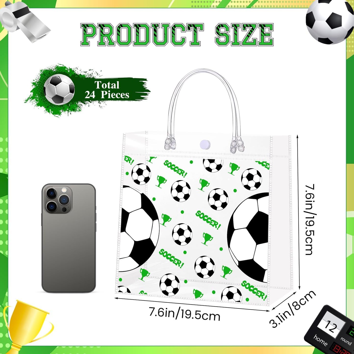 24 Pieces Clear Soccer Gift Bags with Handles Transparent PVC Soccer Goodie Bags 7.9 x 7.9 x 3.1Inch Sport Theme Party Favor Bag for Birthday Holiday Sports Team Events