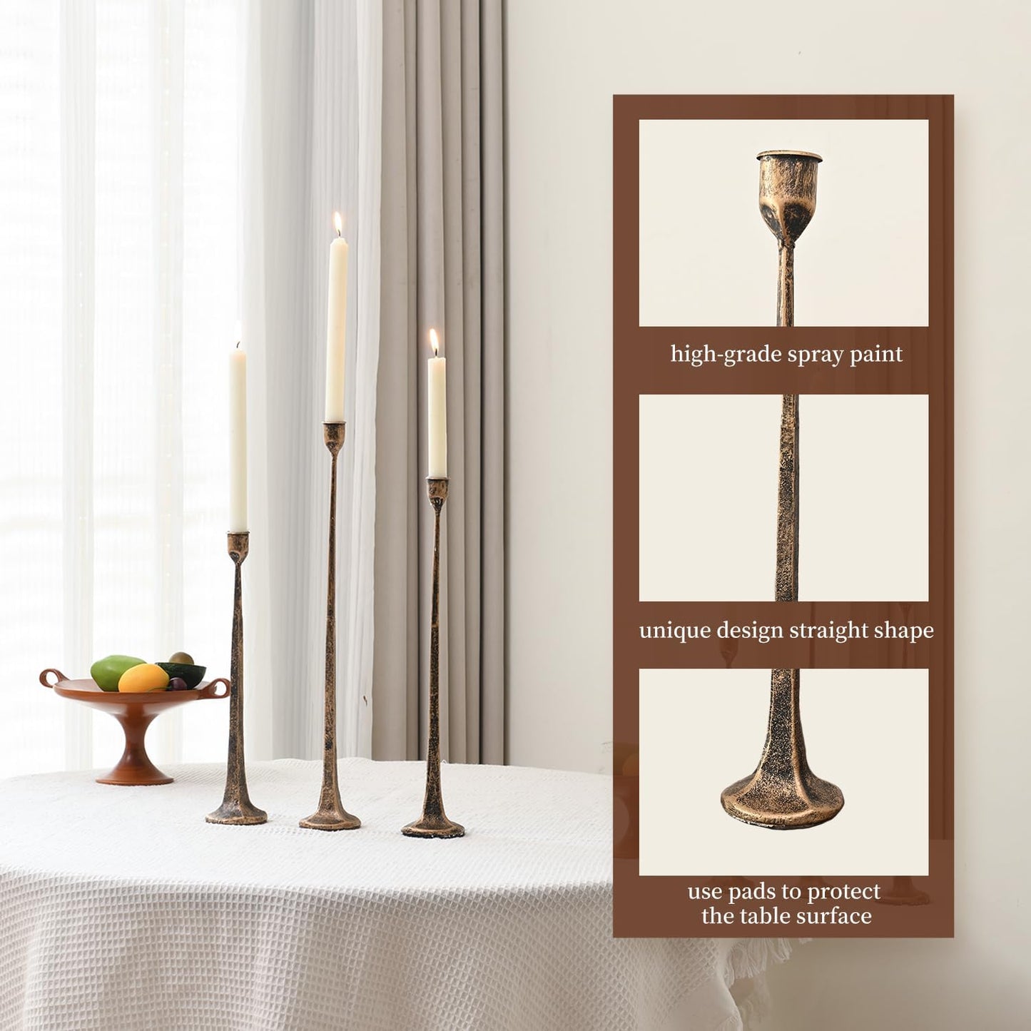 Iron Antique Gold Candlestick Holders, Set of 3 Candle Stick Holders,Fits 3/4 inch Thick Candle&Led Candles, Vintage Modern Decorative Centerpiece for Dining Table Centerpiece, Wedding, Party Decor