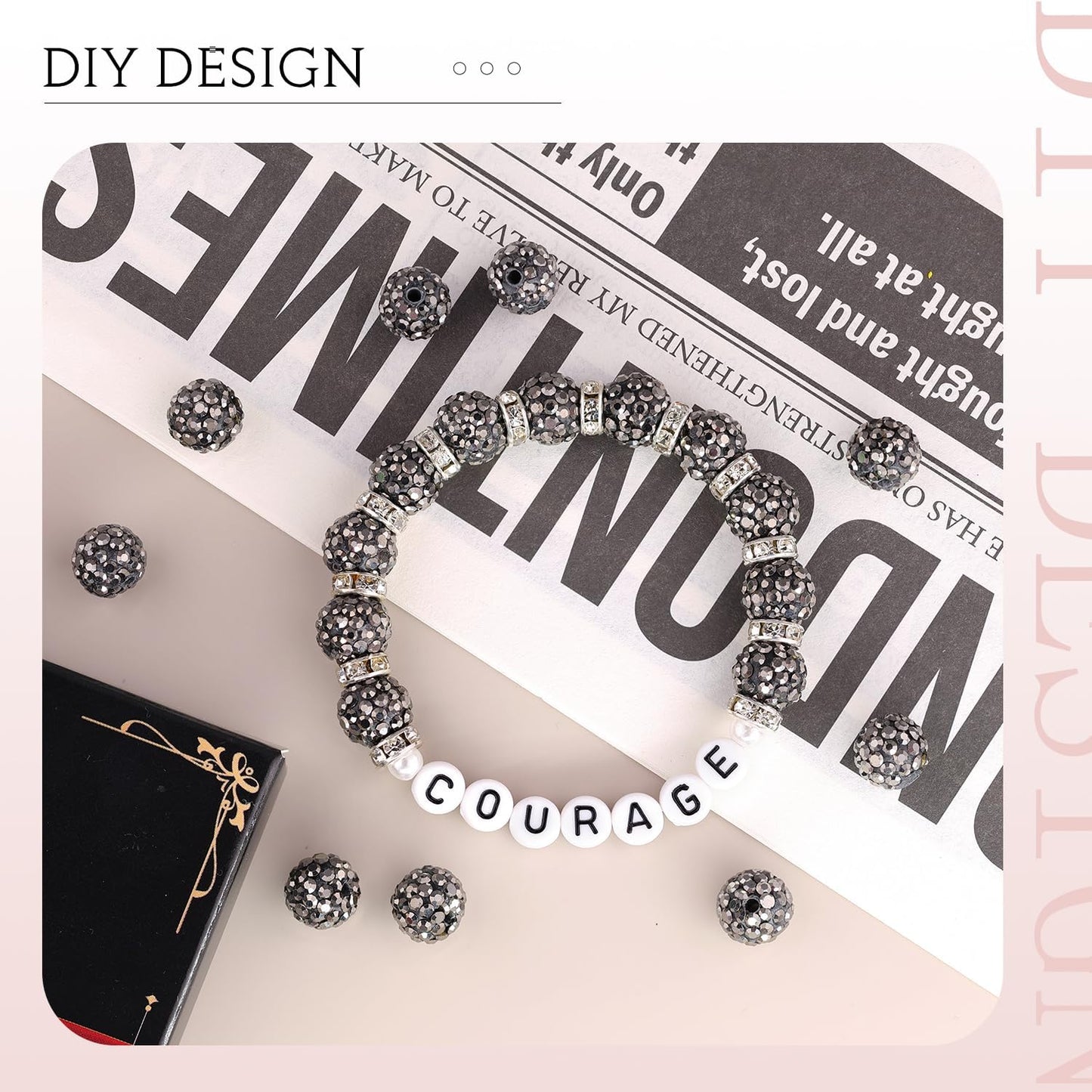 200pcs 10mm Hematite Rhinestone Beads for Jewelry Making, Shiny Round Shamballa Disco Ball Beads Bulk, Sparkle Crystal Clay Christmas for Bracelet Baseball Necklace Earring Crafting and DIY