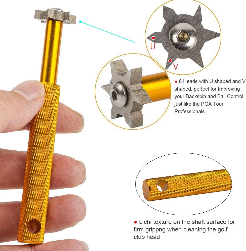 HIFROM Groove Sharpener with 6 Heads - Golf Club Groove Sharpener Re-Grooving Tool and Cleaner for All Irons Pitching Sand Lob Gap and Approach Wedges and Utility Clubs ¡­