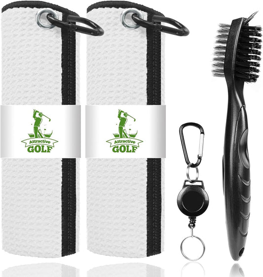 ATTRACTIVE Golf Towels, Microfiber Waffle Pattern Towels - Golf Club Brush with Cleaning (White)