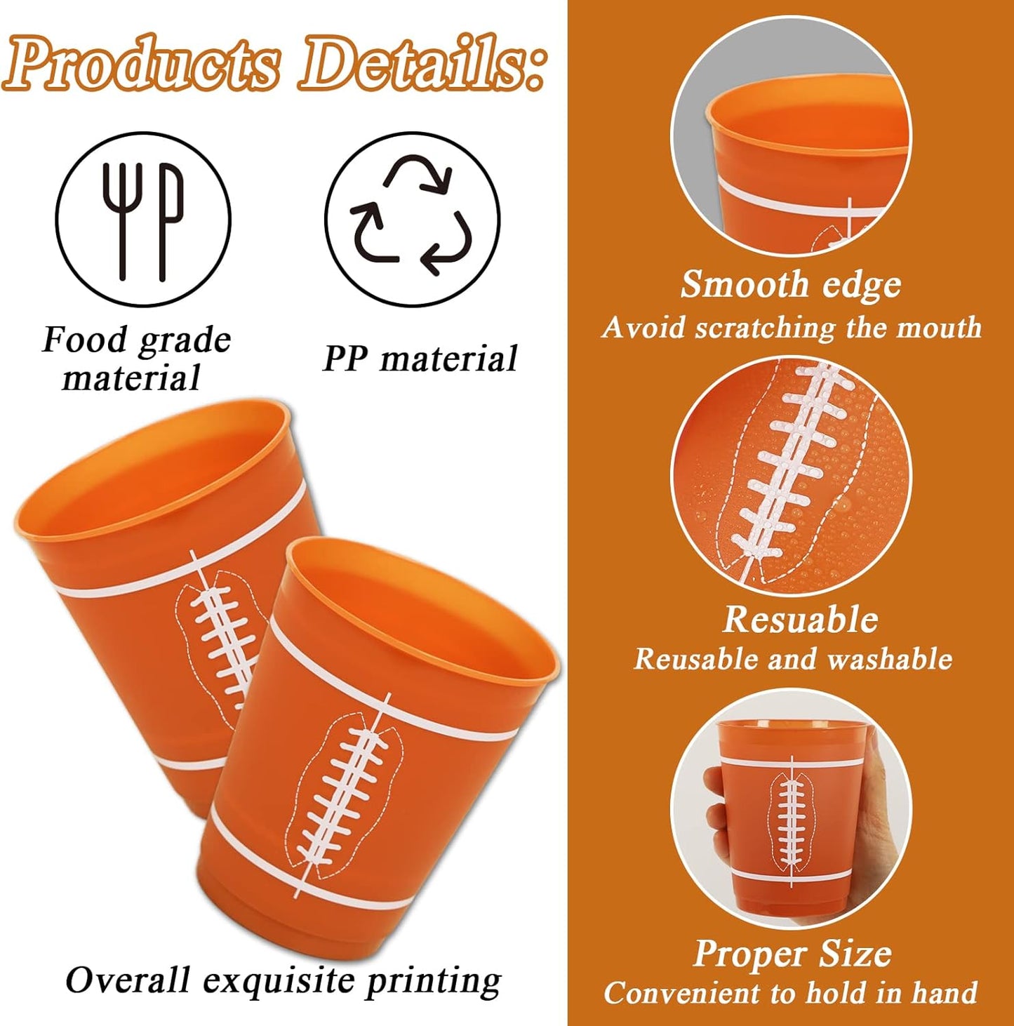 24 Pcs Football Plastic Cups Reusable Football Plastic Tumblers Party Supplies Sports Game Day Reusable Plastic Drinking Cups 12oz Party Decorations for Kids Football Birthday Baby Shower Party Favors