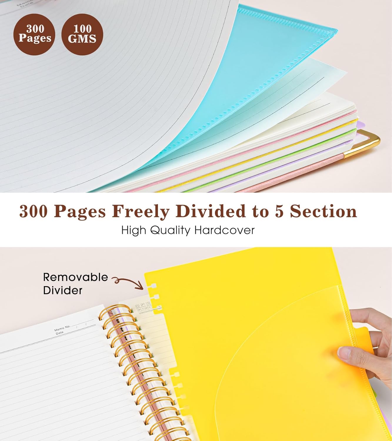 Hardcover Large Spiral Notebook 8.5" x 11" with Removable Dividers Tabs, 300 pages Leather 5 Subject Notebook College Ruled, A4 Journal for Women Men, Notebooks for Work School Note taking, Pink