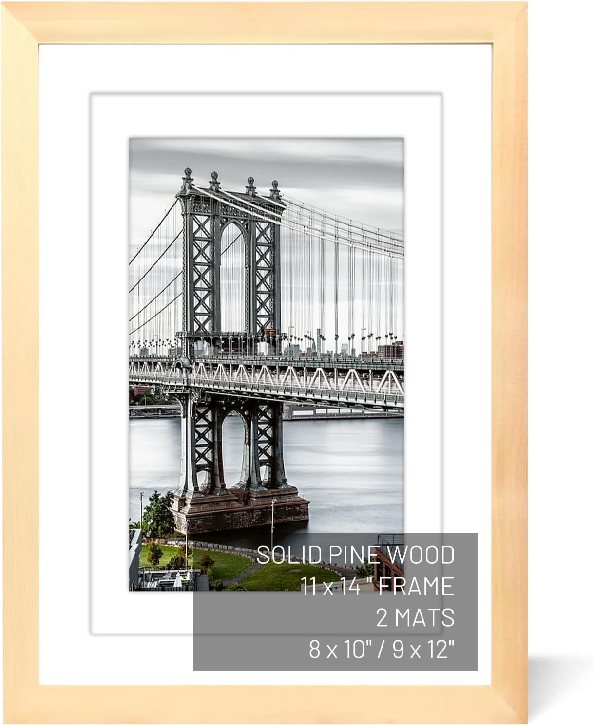 11x14 Solid Wood Picture Frames - Display Pictures 9x12 or 8x10, 11x14 Frame, Poster Photo Frame Art with 2 Mats for Wall Mounting or Table Top (Natural)