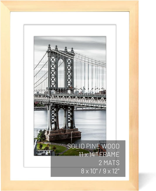 11x14 Solid Wood Picture Frames - Display Pictures 9x12 or 8x10, 11x14 Frame, Poster Photo Frame Art with 2 Mats for Wall Mounting or Table Top (Natural)