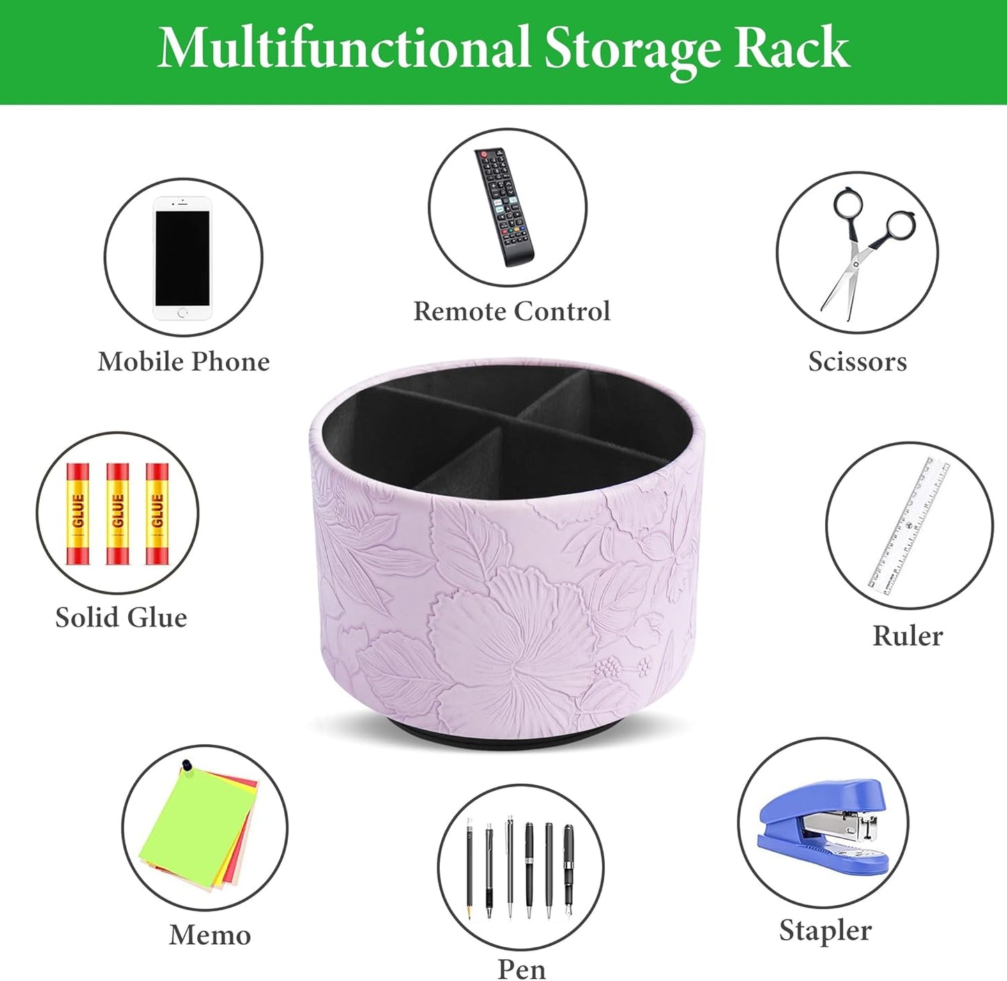 Hennaja Round Leather Art Supply Organizer,Remote Control Holder,360 Degree Spinning,Multi-Functional Pencil Holder,4 Compartments Desktop Stationary Organizer(1-Carved Purple)