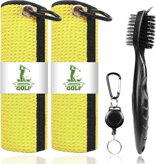 ATTRACTIVE Golf Towels, Microfiber Waffle Pattern Towels - Golf Club Brush with Cleaning (Yellow)
