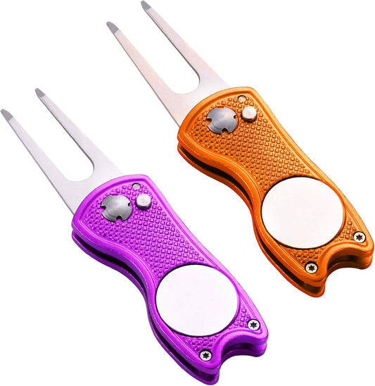 2 Pack Metal Foldable Golf Divot Tool with Pop-up Button & Magnetic Ball Marker (Pack of 2, Fish Design)