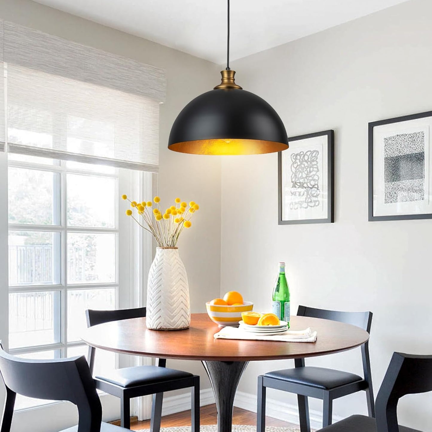 14.96" Black and Gold Pendant Light, Modern Dome Pendant Lights Kitchen Island Industrial Dome Light Fixture Hanging Lighting for Dining Room Living Room Bedroom Hallway Foyer.