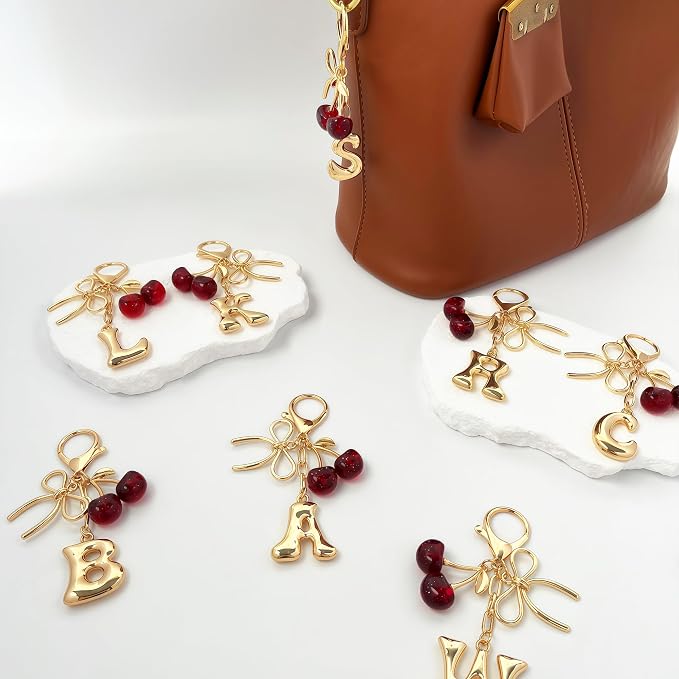 Gold Bubble Heart, Bow & More Designs Letter Initial Keychain Bag Charms – Cute - Image 2