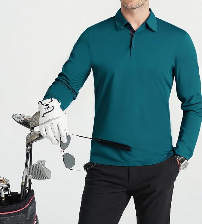 Alex Vando Mens Golf Shirt Moisture Wicking Quick-Dry Solid Long Sleeve Polo - Image 4
