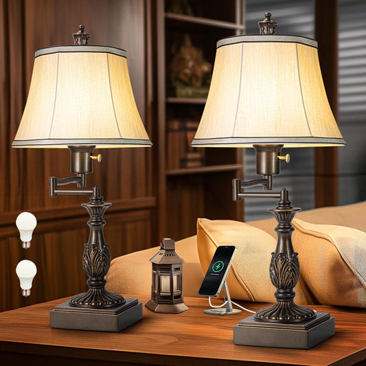 23.5" High Rustic Traditional 350° Adjustable Swing Arm Table Lamp Set of 2 with USB A+C Ports Brown Finish Cream Shade Vintage Nightstand lamp for Living Room Bedroom Office (Bulb Included)