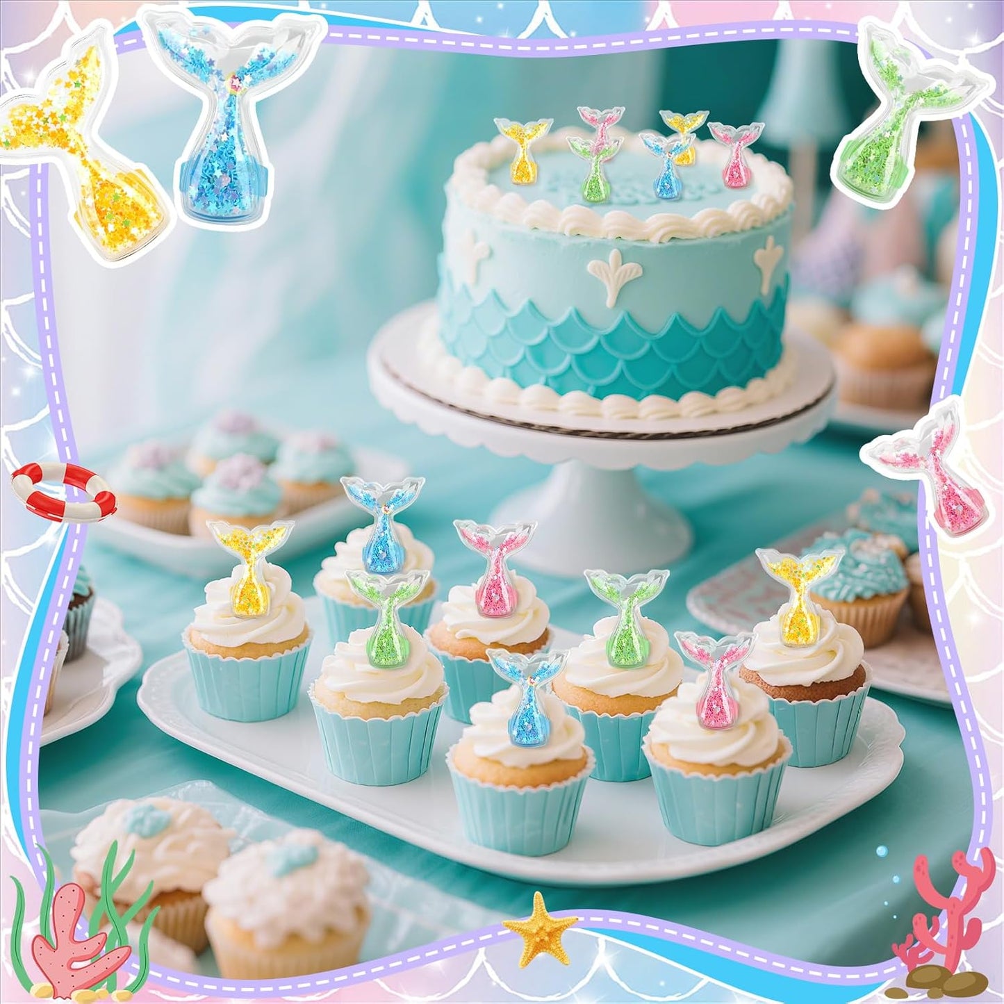 24Pcs Mermaid Tails Cupcake Ring Toppers Under the Sea Cupcake Topper for Mermaid theme Birthday Party Cake Decorations Baby Shower Weeding Anniversary Sea Party Supplies