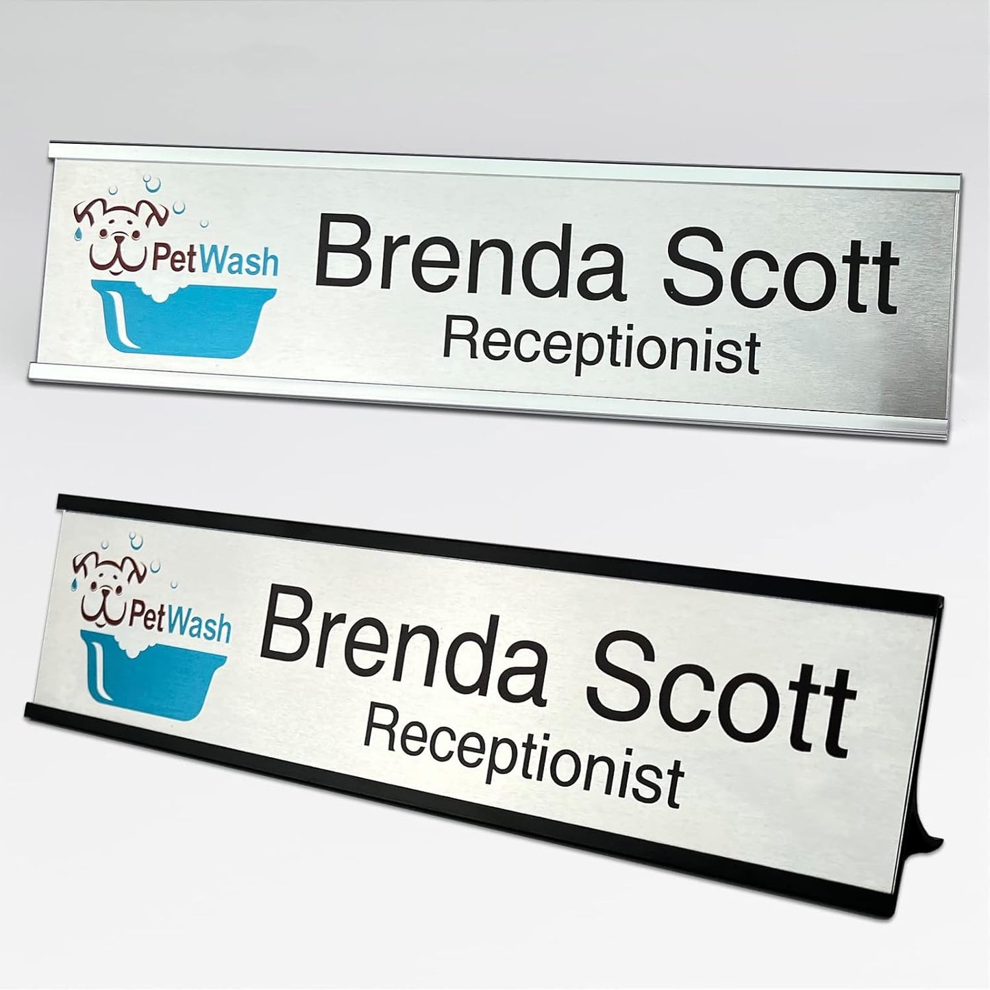 2" x 10" Personalized Aluminum Name Plates, Custom Office Desk or Wall Name Plates, Can Add Custom Logo Image and Texts, Two Name Plate Colors Silver, White, Holders are Optional (Image+Text)