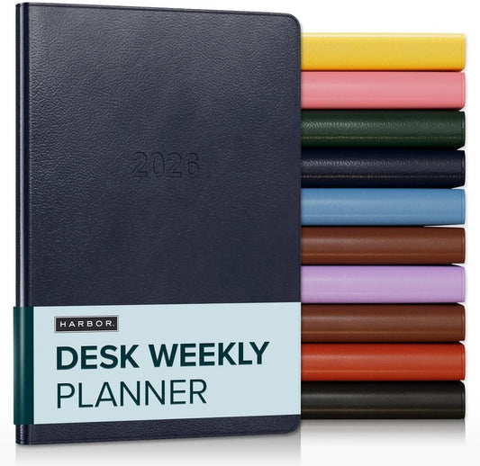 Harbor Desk Weekly Monthly Planner 2025-2026 - Calendar Planner and Notebook, Durable Faux Leather, 192 Pages, Softcover & Book Bound - Leida Navy - 8x5.5"