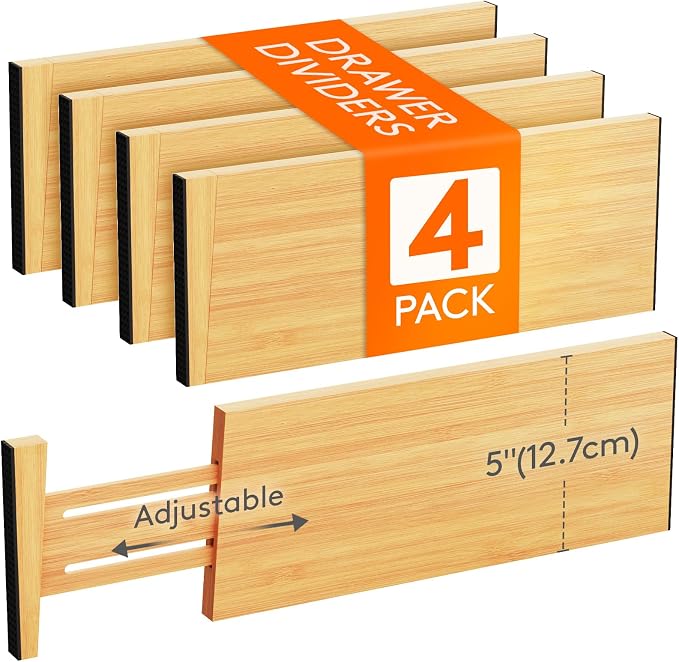 Lifewit 4 Pack 5" Deep Bamboo Drawer Dividers, 13-16.5" Expandable Drawer by Lifewit