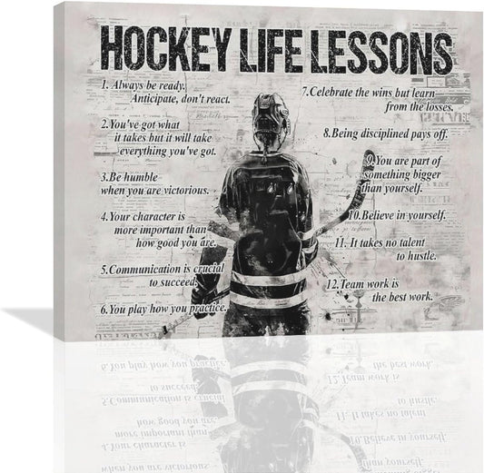 Hockey Sports Wall Art Hockey Life Lessons Wall Decor Hockey Sign Retro Poster Boy Men Motivational Decorations Canvas Print Painting Artwork for Bedroom Bathroom Living Room Gym 20"x16"