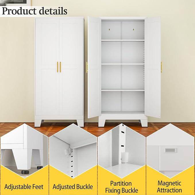 White Metal Storage Cabinet, Kitchen Pantry Storage Cabinet - Image 5
