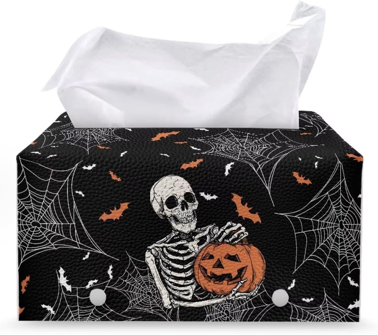 Halloween Rectangular Tissue Box Cover Skull Pumpkin Print PU Leather Tissue Cover Decorative Organizer with Bottom Belt Easy to Clean for Home, Car, Hotel, Office Tissue Holder