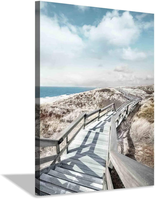 Beach Pier Canvas Wall Art: Boardwalk Stair Picture Graphic Art Painting for Wall Decor(12''x16'')