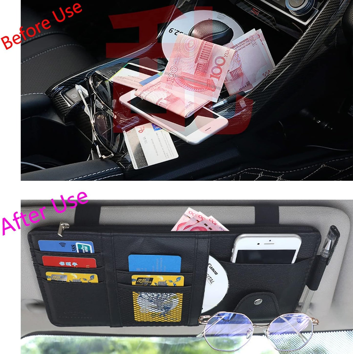 2 Packs Car Sun Visor Pocket Organizer, Black, Auto Visor Storage Pouch with Big Zipper Pocket, Card Sleeve, Driving License, Insurance, Sunglasses, Pen, Key, Phone, Lipstick