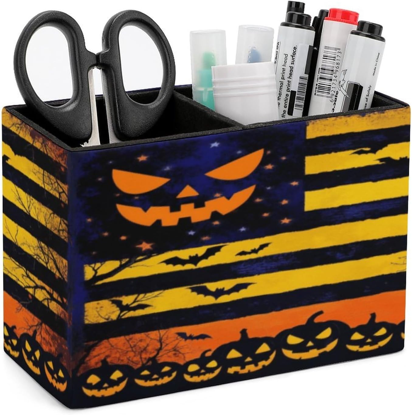 Halloween Flag Lether Pen Holder for Desk Makeup Brush Holder Office Organizer Desk Accessory for School Office