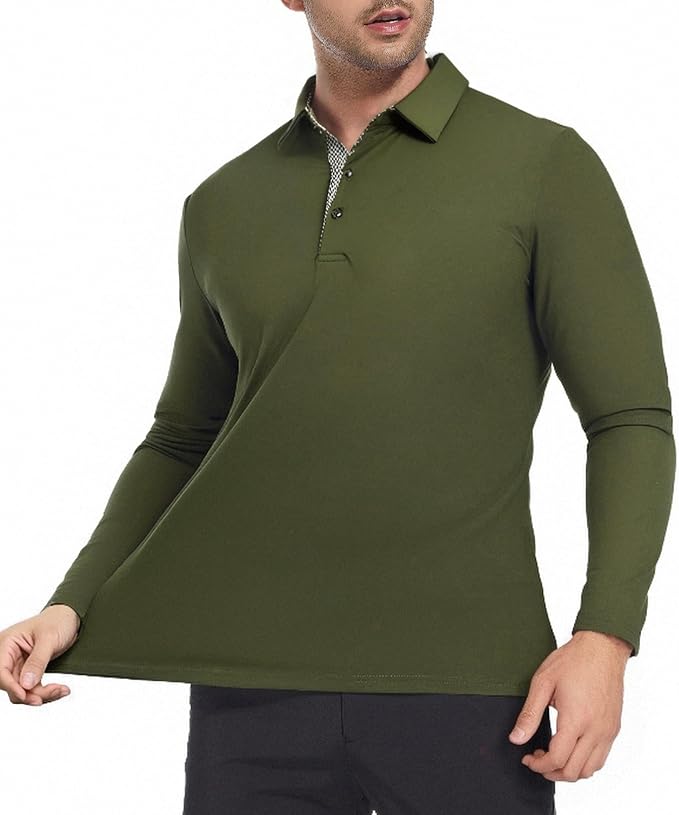 Alex Vando Mens Golf Shirt Moisture Wicking Quick-Dry Solid Long Sleeve Polo - Image 3