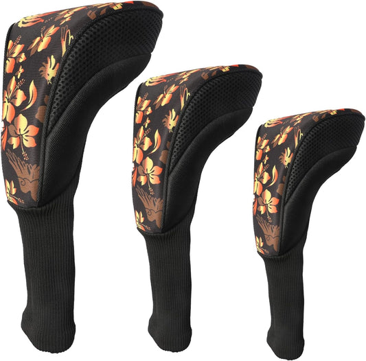 Black Golf Club Head Cover for Driver Fairway 3 Pcs Woods Headcovers, Golf Accessories Hybrid Head Covers Set with Interchangeable Tags 3 4 5 7 X