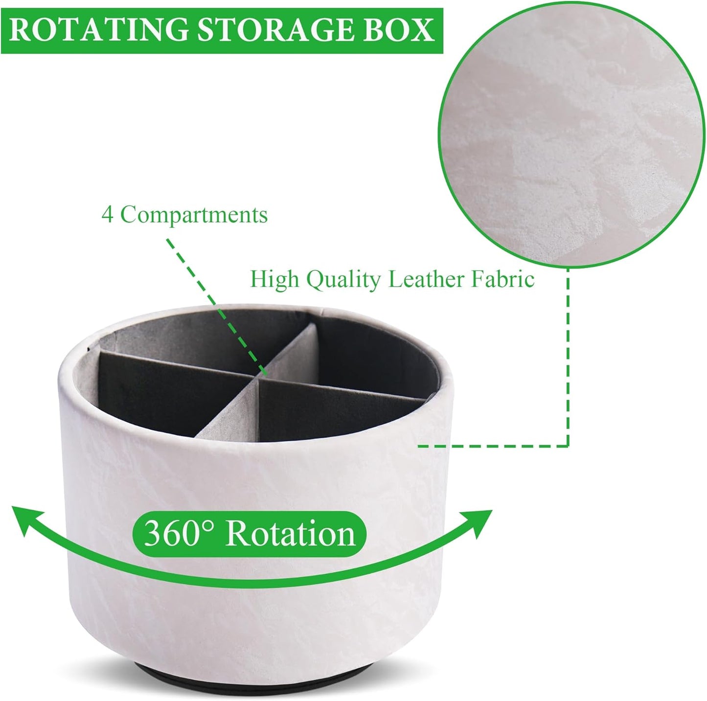 Hennaja Round Leather Art Supply Organizer,Remote Control Holder,360 Degree Spinning,Multi-Functional Pencil Holder,4 Compartments Desktop Stationary Organizer(1-Hill White)