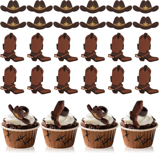 24PCS Cowboy Cupcake Ring Toppers Western Party Hat Boot Cupcake Decorations Rodeo Cupcake Toppers for Western Theme Birthday Party Baby Shower Cake Decorations Supplies