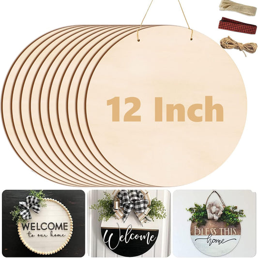 12 Inch Wood Circles for Crafts, 10Pcs Unfinished Wood Rounds for Cricut Projects, Burning, Painting, Door Hanger, DIY Wooden Crafts Christmas Halloween Thanksgiving Home Decor (10PCS)