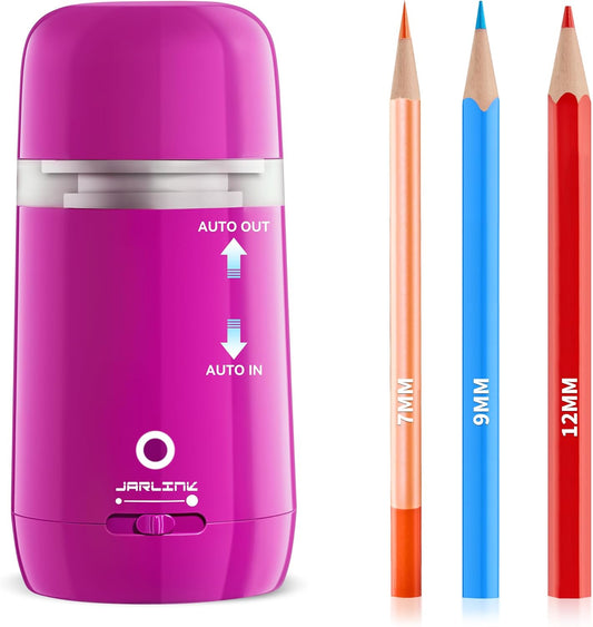 JARLINK Automatic Electric Pencil Sharpener - Hands-Free Operation, 3 Sharpness Modes, 3-Second Sharpening, Rechargeable & Portable for 7-12mm Pencils, Ideal for Classroom and Home Use (Purple)