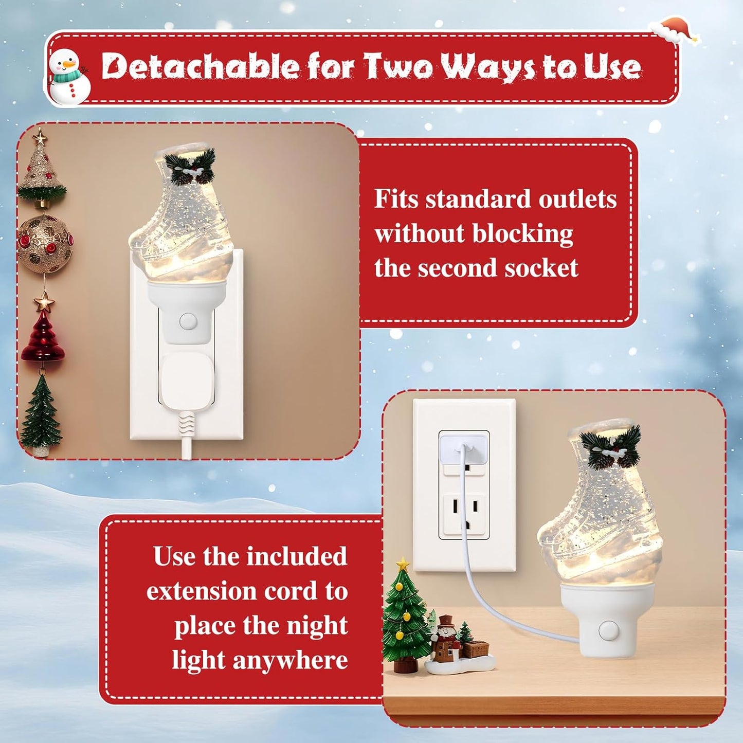 2 Pack Christmas Night Light Plug into Wall Glitter Water Nightlight with USB/Outlet Options, Christmas Ski Boots Decorative Nightlight for Bedroom Kitchen Holiday Decorations Gifts (Ski Boots)