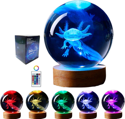 axolotl lamp,3.15 inch 3D K9 Crystal Ball Axolotl Night Light with Wooden Base,16 colors change,remote control,color box,Birthday Christmas axolotl Gift