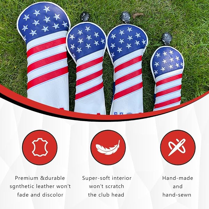 Golf American Style Head Cover Golf Club Blue and White Leather Headcovers Set - Image 5