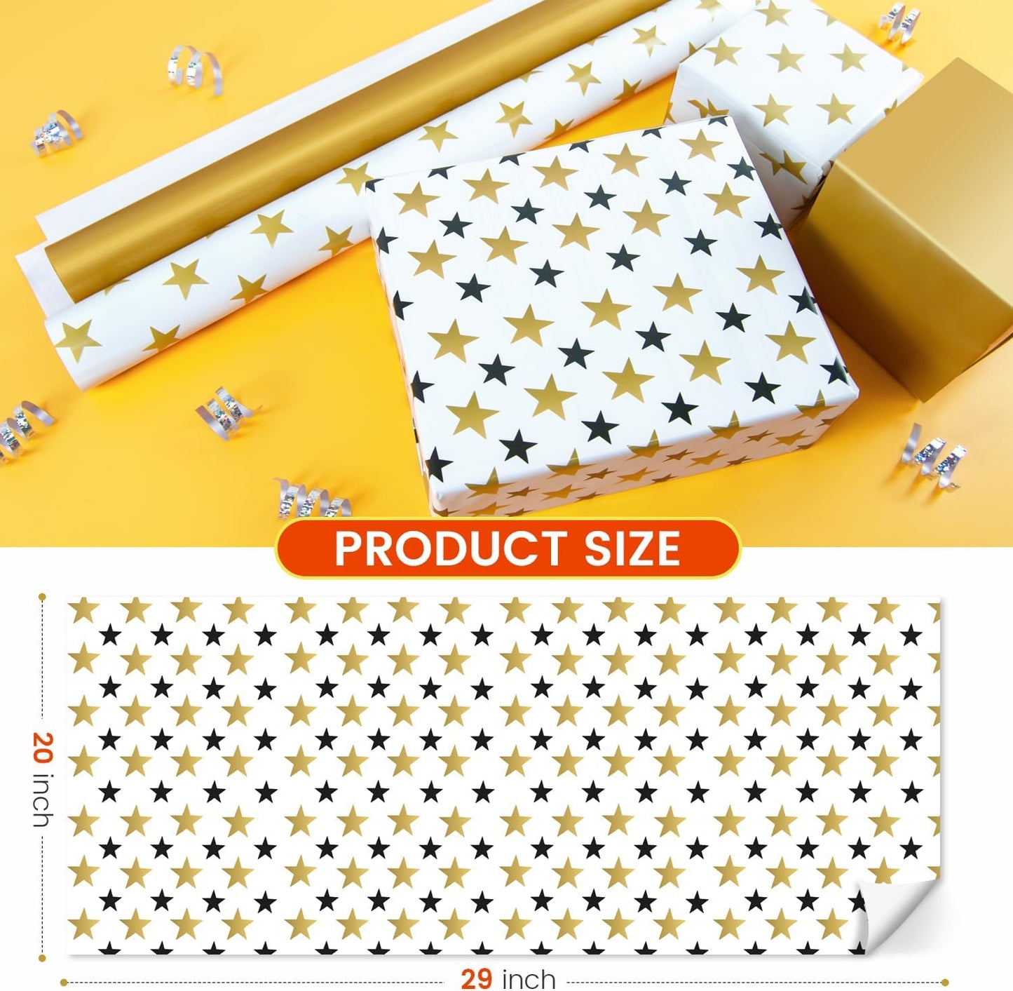HimBen Gift Wrapping Paper 12 Sheets, Folded Flat Gift Wrap Paper for Presents, Kids, Boy and Girl, 20 x 29” Per Sheet - Gold Black Stars