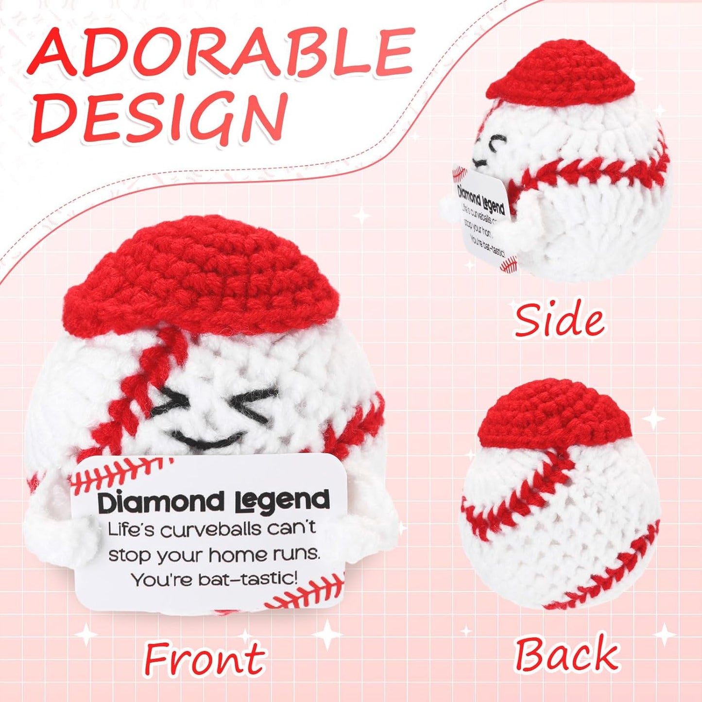 12pcs Funny Baseball Gifts for Team Bulk Positive Baseball Balls with Motivational Cards Handmade Mini Crochet Team Gift for Coach Women Men Coworker Birthday Christmas Party Favors