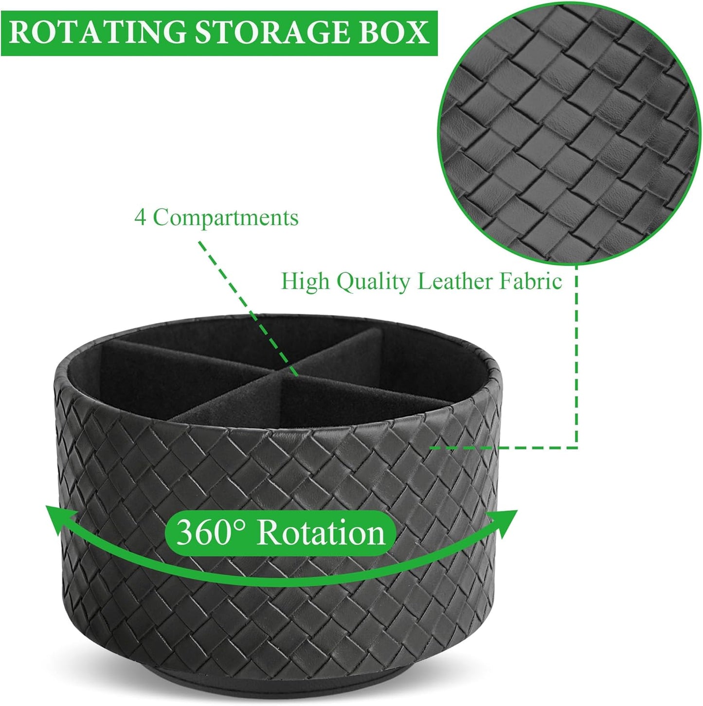 Hennaja Round Leather Art Supply Organizer,Remote Control Holder,360 Degree Spinning,Multi-Functional Pencil Holder,4 Compartments Desktop Stationary Organizer(1-Weave Black)