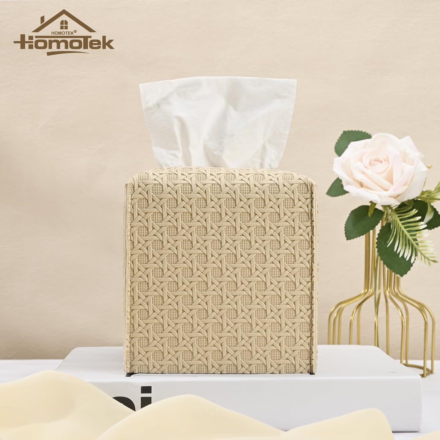 HOMOTEK 2 Pack Tissue Box Cover, Square PU Leather Tissue Holder, Decorative Facial Tissue Cube Paper Organizer Dispenser for Bathroom, Night Stands, Desk, Car 5X5X5'' - Rattan Weave,Beige
