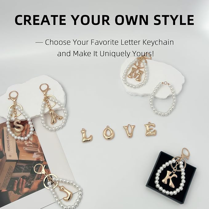 Gold Bubble Heart, Bow & More Designs Letter Initial Keychain Bag Charms – Cute - Image 6