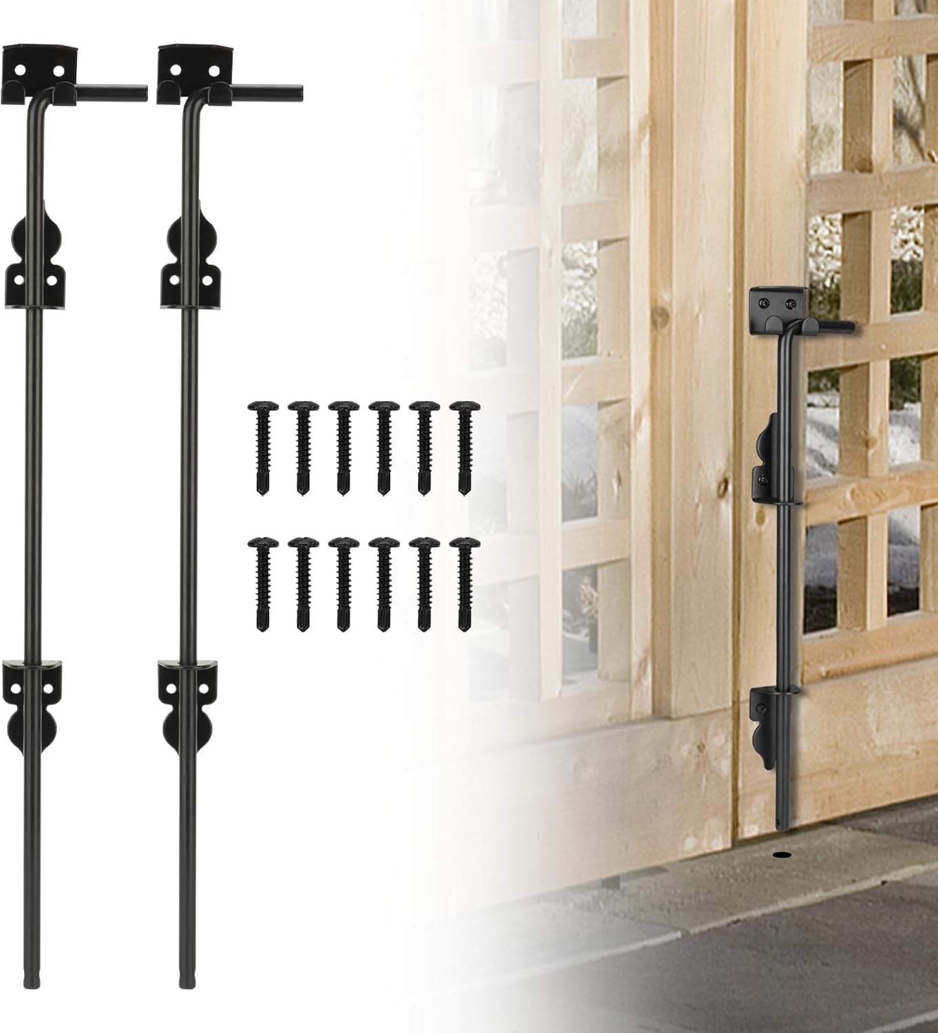 24" Heavy Duty Cane Bolt, Double Gate Latch with Black Finish, 2 Way Gate Drop Rod for Wood PVC Vinyl Metal Fences Gates Double Doors-2 Pack