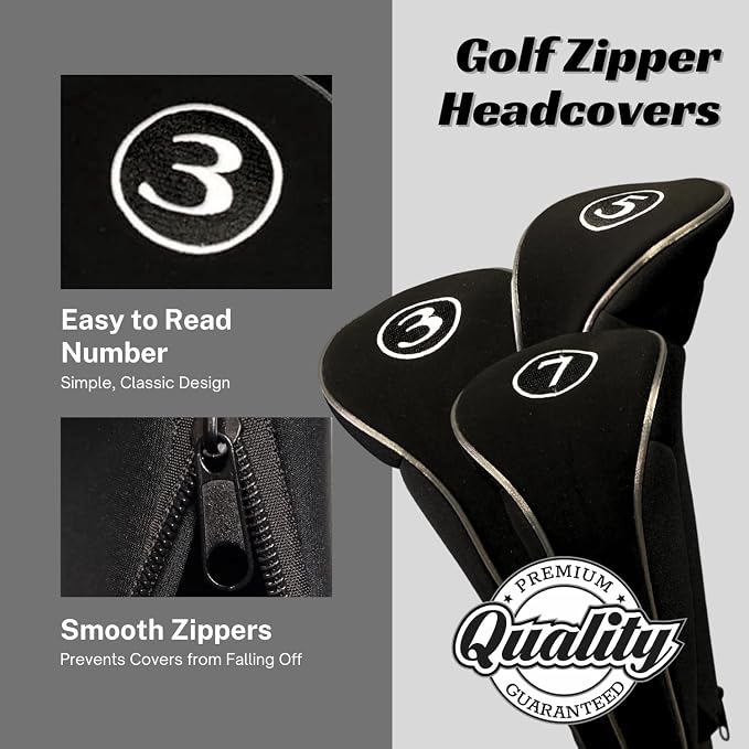 Black Golf Zipper Head Covers 3 5 7 Fairway Woods Headcovers Metal Neoprene - Image 3